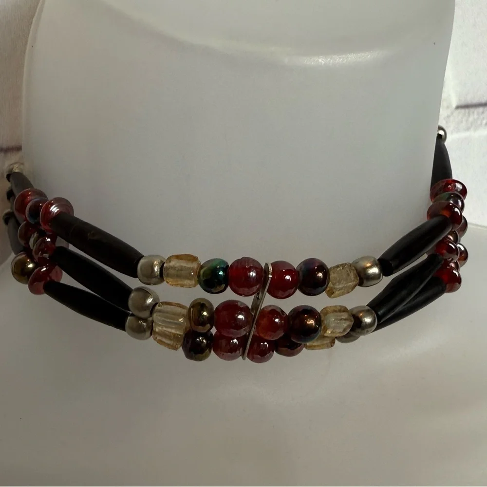 Vintage Handmade Beaded Multi- Strand Choker Necklace - Red, Gold & Black